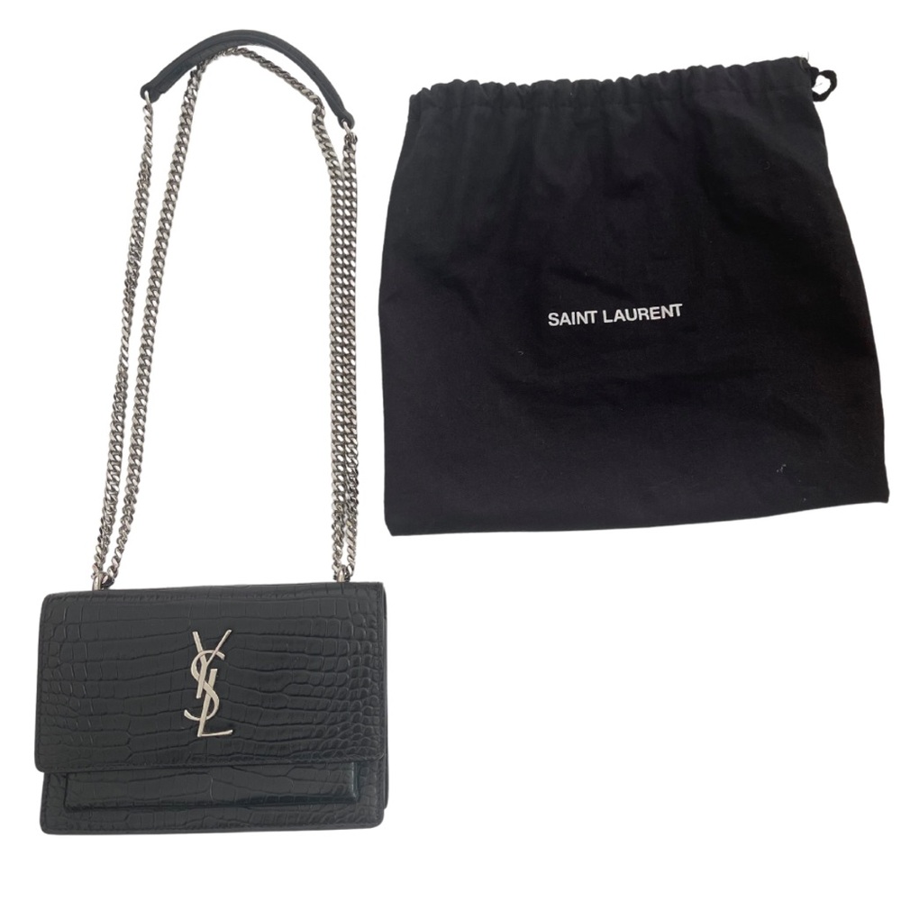 YSL Black Calfskin Crocodile Embossed Crossbody/Shoulder Bag – 100% Authentic